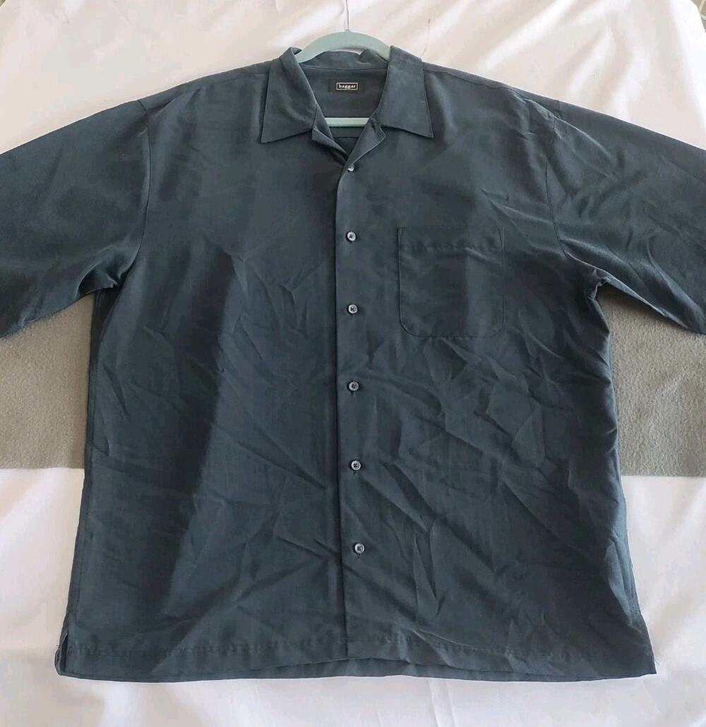 Haggar Mens L Short Sleeve Button Down Shirt Black Dress Business Casual